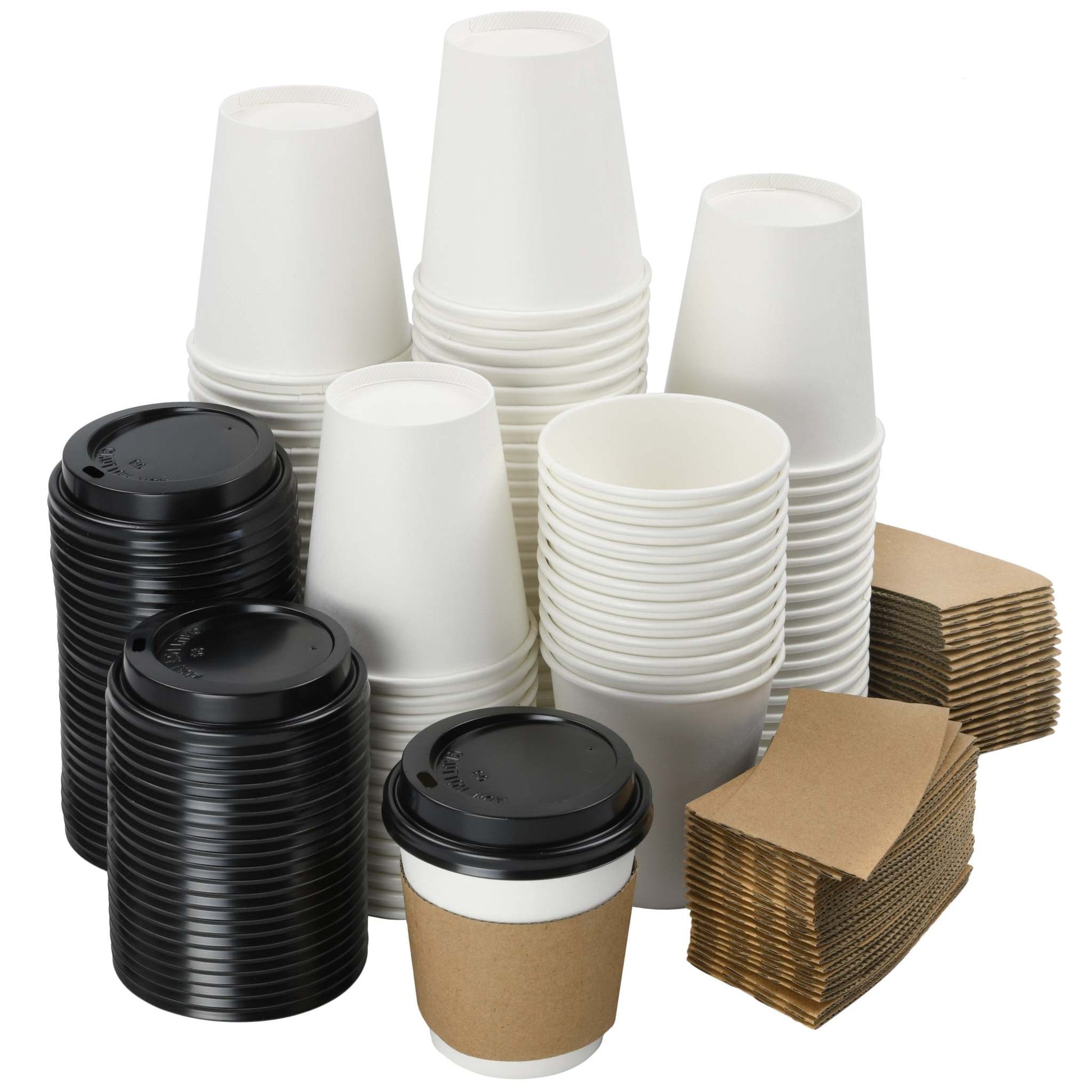 NYHI 100-Pack 10 oz white paper disposable cups with lids and sleeves for hot and cold beverages.