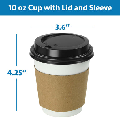 NYHI 100-Pack 10 oz White Paper Disposable Cups With Lids And Sleeves– Hot / Cold Beverage Drinking Cup for Water, Juice, Coffee or Tea – Ideal for Water Coolers, Party, or Coffee On the Go’