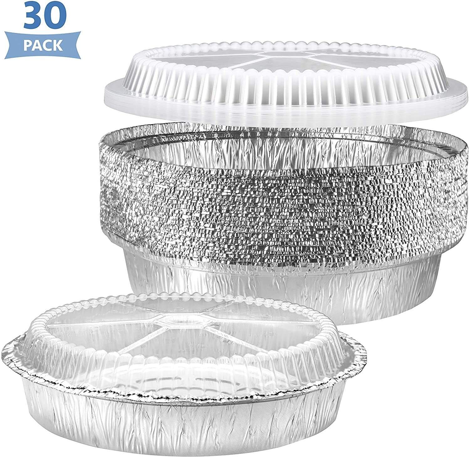 NYHI Round Aluminum Foil Pans 9-Inch with Clear Plastic Lids, 30 Pack.