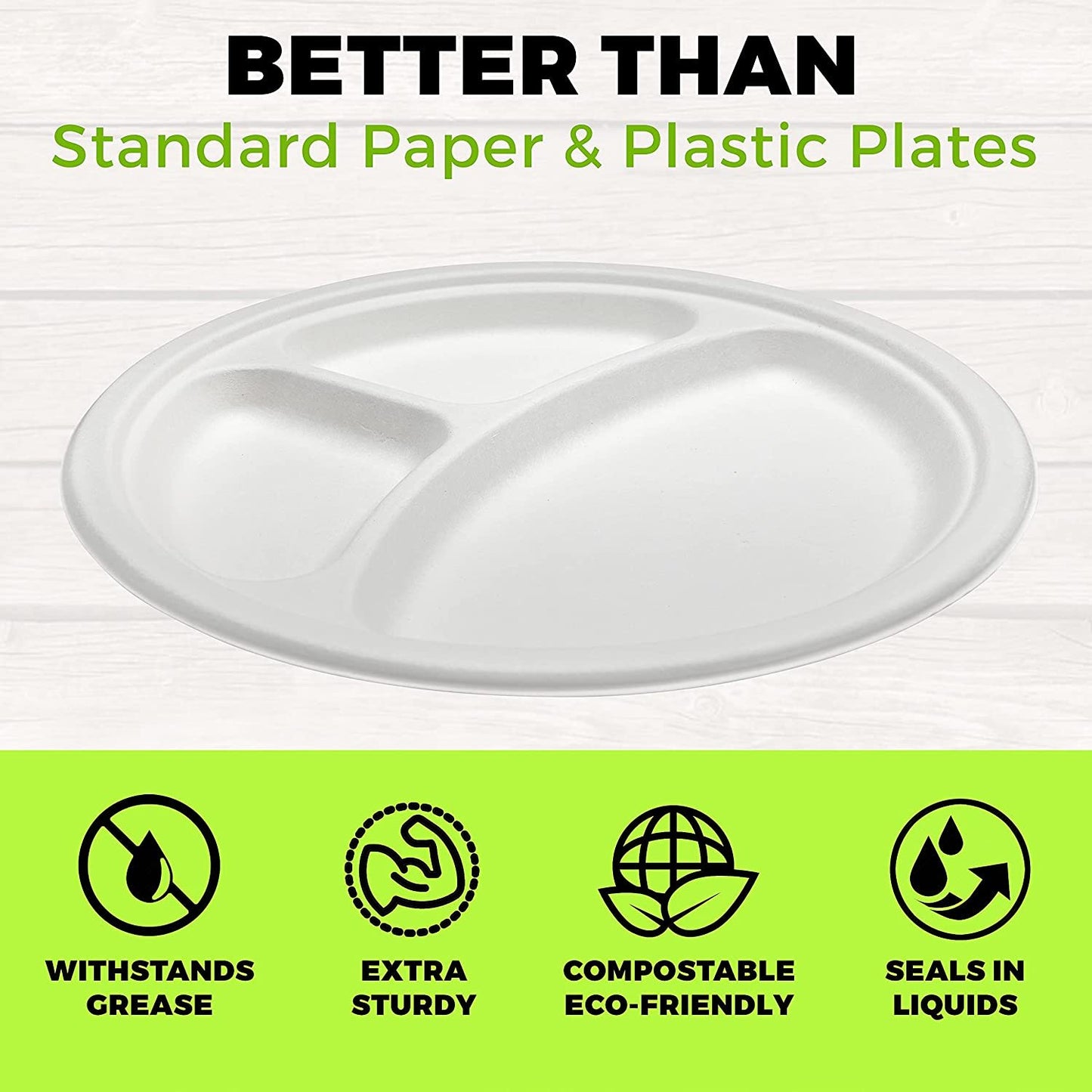 Heavy Duty Compartment Plates | 10 Inch Disposable 3 Compartment Divided Plates For Adults & Kids | White Eco Friendly Sugarcane Paper Plates Are Cut & Leak Resistant | 125 Pack - NY-HI