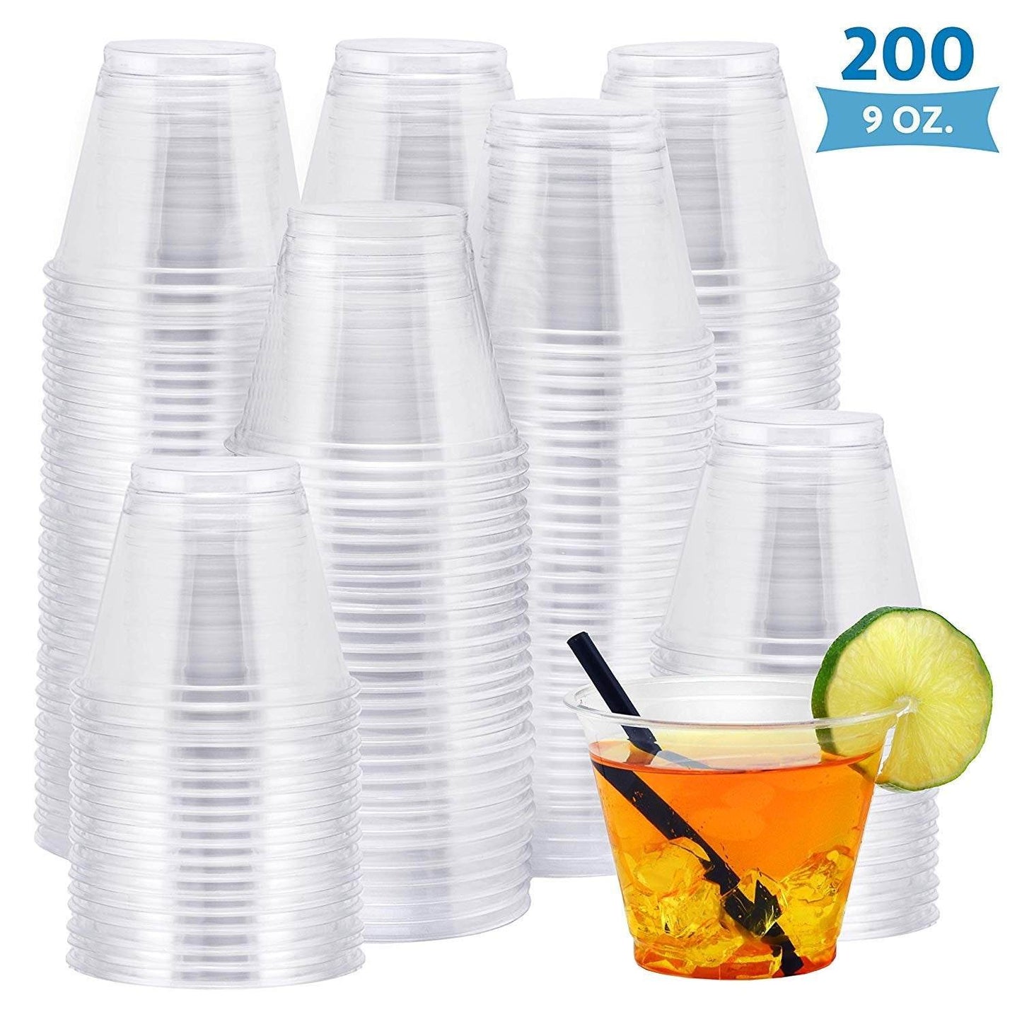 NYHI 200-Pack 9 oz clear disposable plastic cups for parties and drinks.