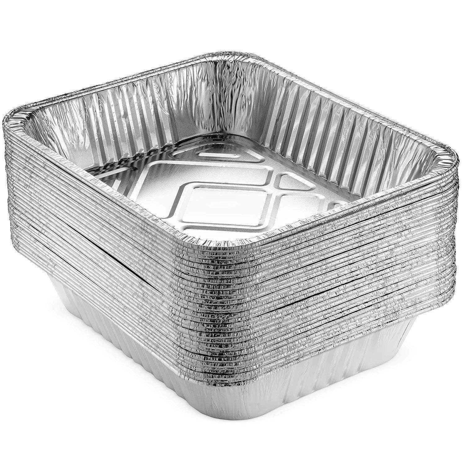 13" aluminum foil pans, 30 pack, durable disposable trays for grilling, catering, baking, roasting, USA-made.