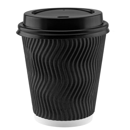 NYHI Set of 100 Black Disposable Paper Cups with Black Lids and Straws (8-oz) | Ripple Insulated Kraft for Hot Drinks - Tea & Coffee | Triple Layer Design | Eco- Friendly, Recyclable, Durable Paper - NY-HI