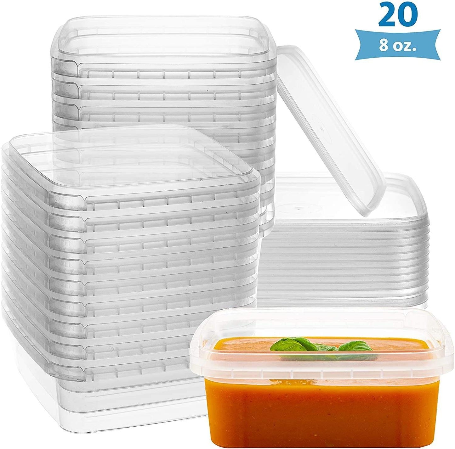 8-oz square clear deli containers with lids, stackable, tamper-proof, BPA-free, airtight for kitchen storage and meal prep, 20 pack.