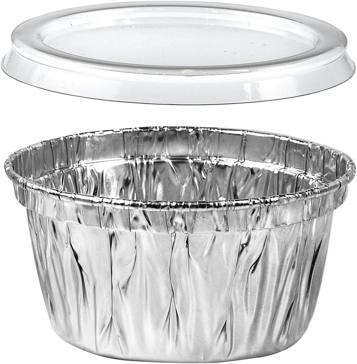 Premium aluminum foil ramekin with lid for cupcakes, creme brulee, cakes, sauces, condiments, 100 pack.