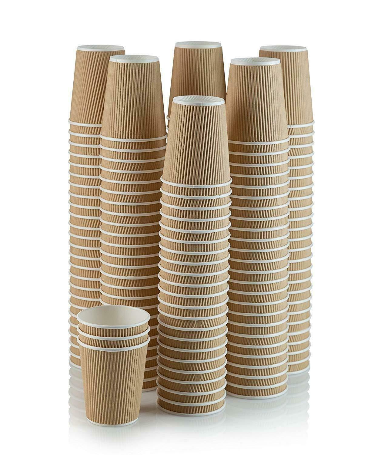 Set of 150 ripple insulated kraft 8-oz paper cups for hot and iced drinks.