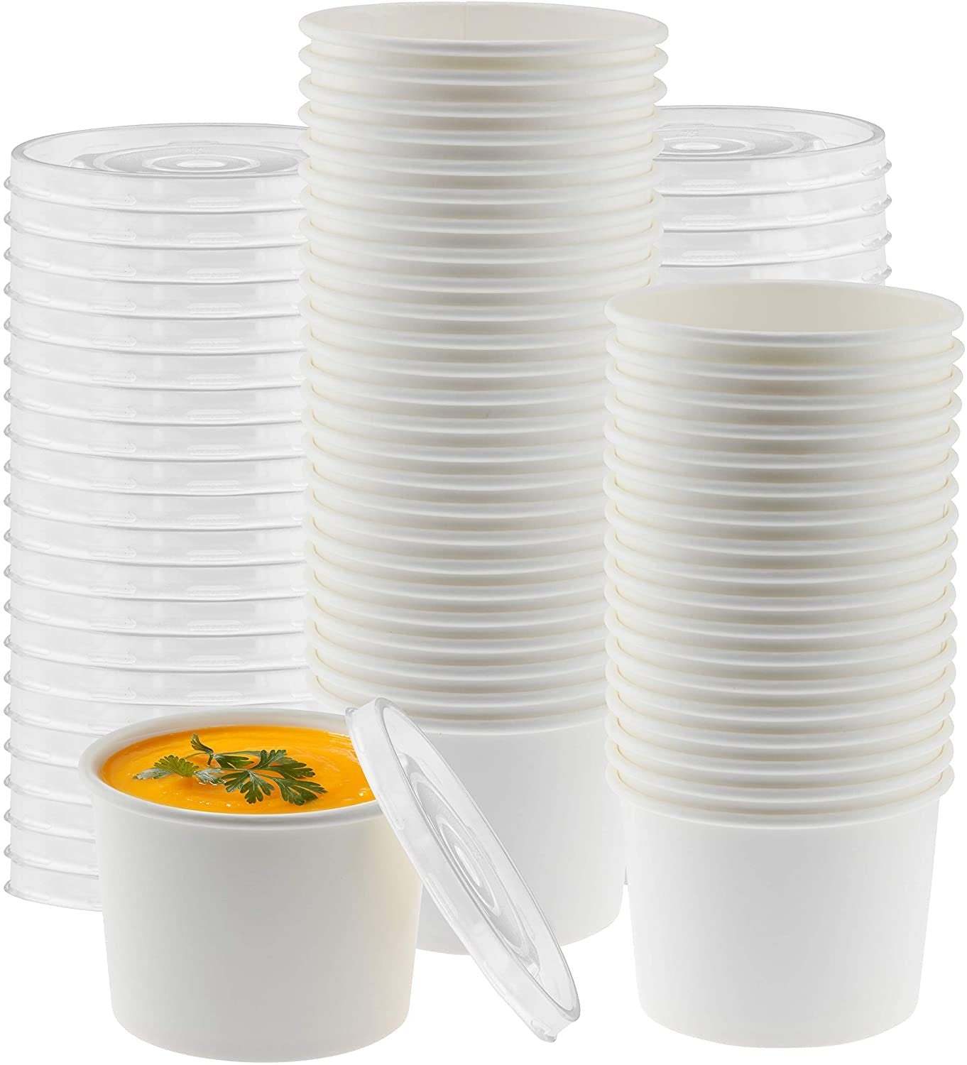 12 ounce disposable food storage container cups with clear lids, pack of 50, ideal for hot and cold foods.