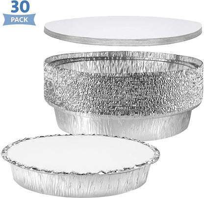 NYHI Round Aluminum Foil Pans 9-Inch with Lids, 30 Pack, Disposable and Heavy-Duty for Freezer & Oven.