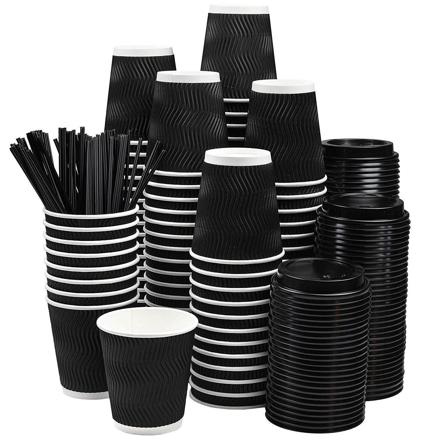 NYHI 100Pc Black Disposable Paper Cups with Lids and Straws, 8oz, Ripple Design.