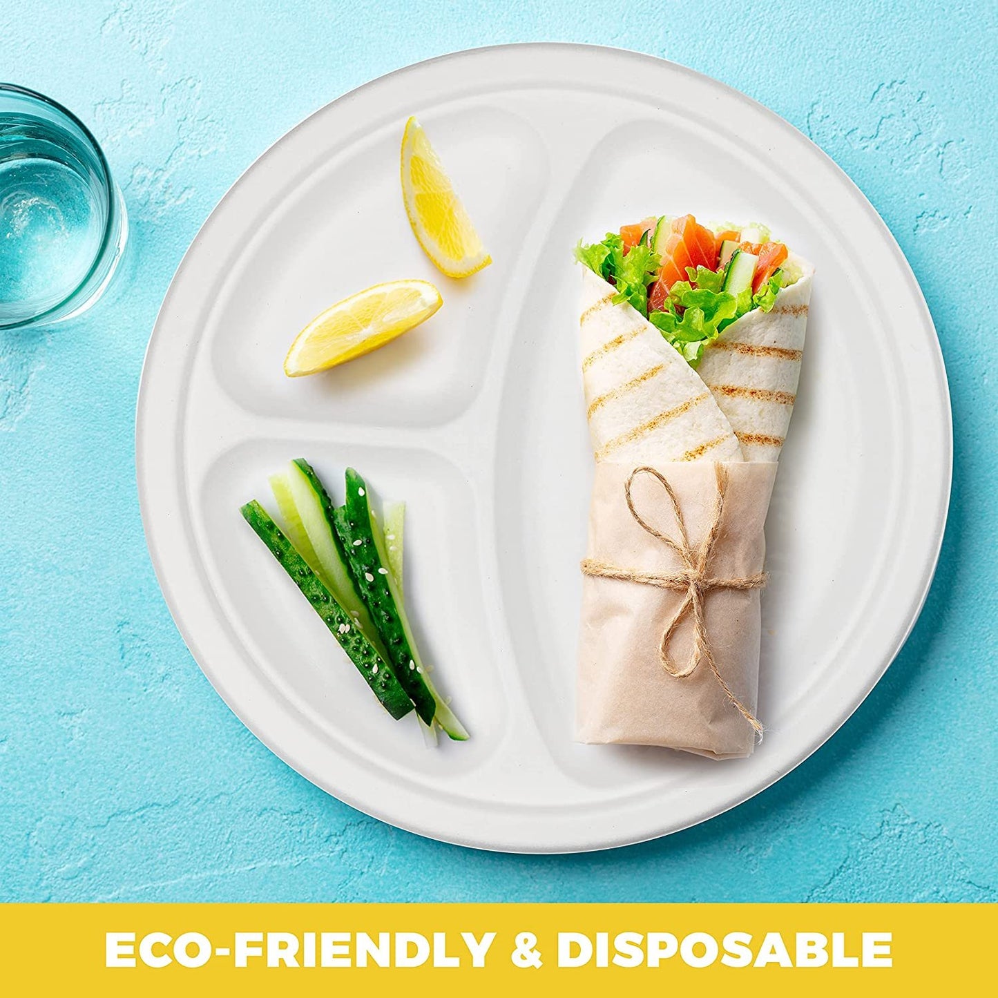 Heavy Duty Compartment Plates | 10 Inch Disposable 3 Compartment Divided Plates For Adults & Kids | White Eco Friendly Sugarcane Paper Plates Are Cut & Leak Resistant | 125 Pack - NY-HI