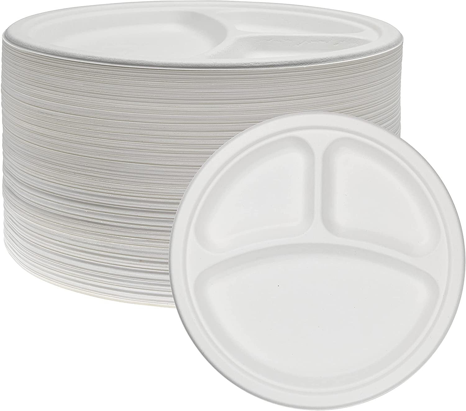 Heavy Duty Compartment Plates | 10 Inch Disposable 3 Compartment Divided Plates For Adults & Kids | White Eco Friendly Sugarcane Paper Plates Are Cut & Leak Resistant | 125 Pack - NY-HI