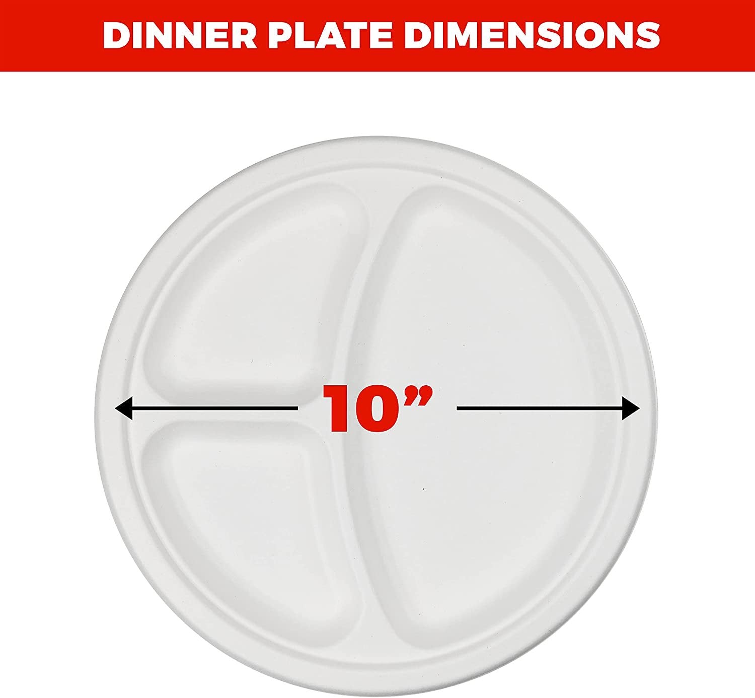 Heavy Duty Compartment Plates | 10 Inch Disposable 3 Compartment Divided Plates For Adults & Kids | White Eco Friendly Sugarcane Paper Plates Are Cut & Leak Resistant | 125 Pack - NY-HI