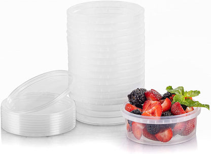 8-oz round clear deli containers with lids, stackable and tamper-proof, ideal for kitchen storage and meal prep, shown with berries.