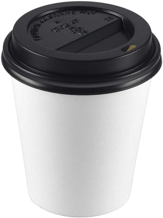 Disposable paper hot cup with black lid, 12 oz, pack of 100, for hot beverages like coffee and tea.