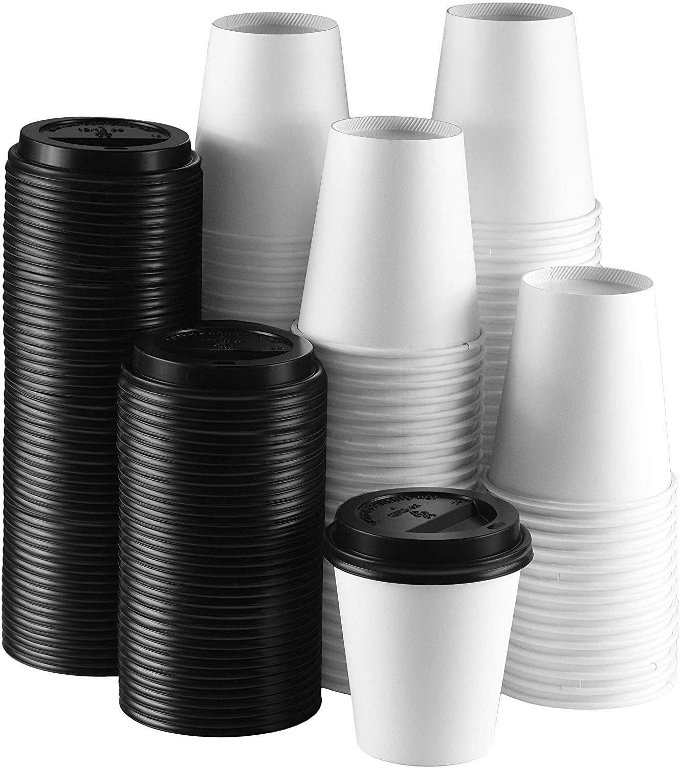 Disposable paper hot cups with black lids (100, 12 oz), ideal for coffee, tea, and hot chocolate, featuring rolled rim and polyethylene lining.